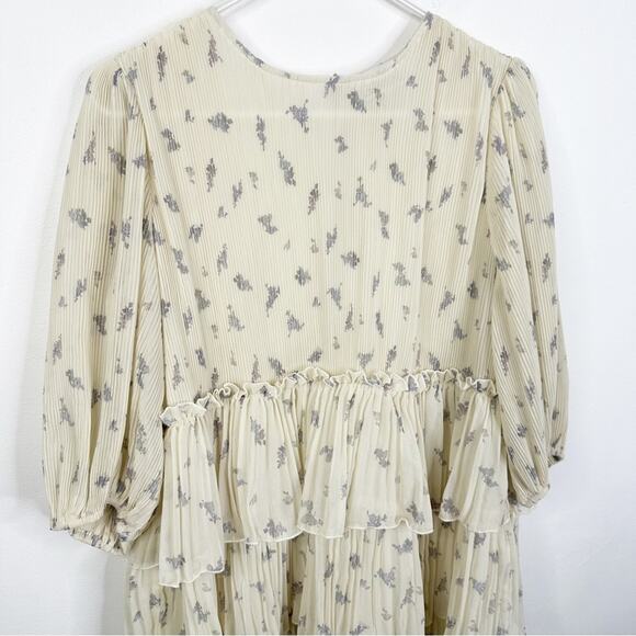 GANNI Size 40/ US Large Floral Print Pleated Georgette Babydoll Mini Dress - Picture 11 of 14